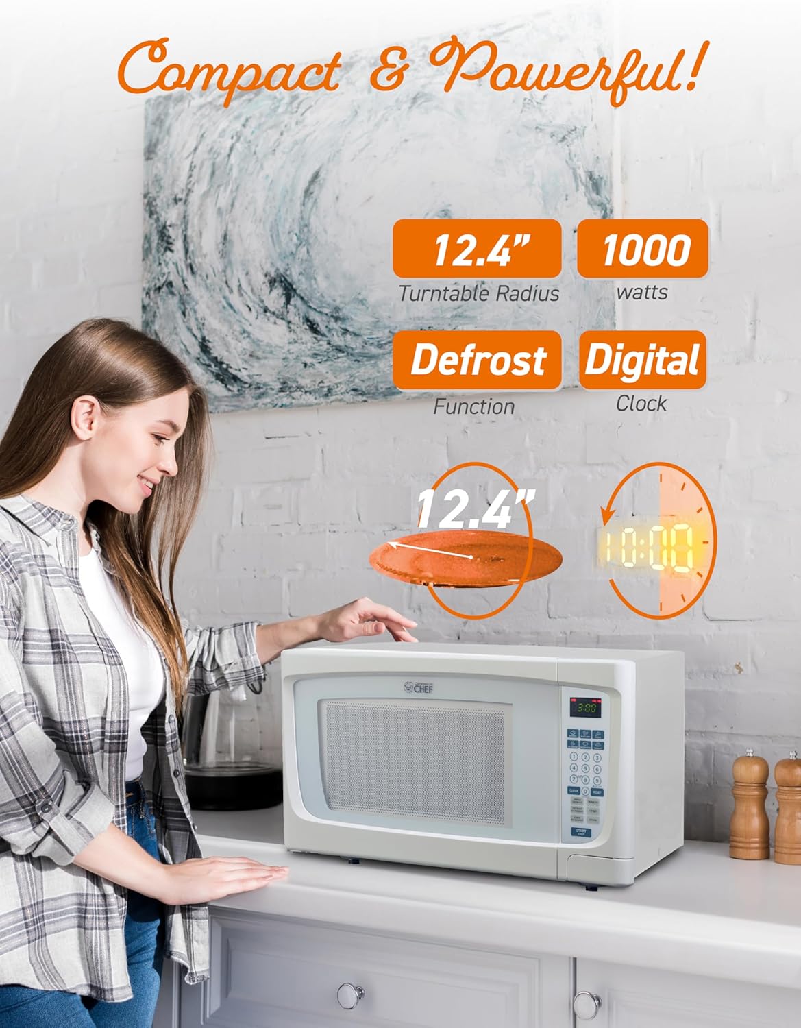 COMMERCIAL CHEF 1.6 Cubic Foot Microwave with 10 Power Levels, Small Microwave with Push Button, 1000 Watt Microwave with Digital Control Panels, Countertop Microwave with Timer, White