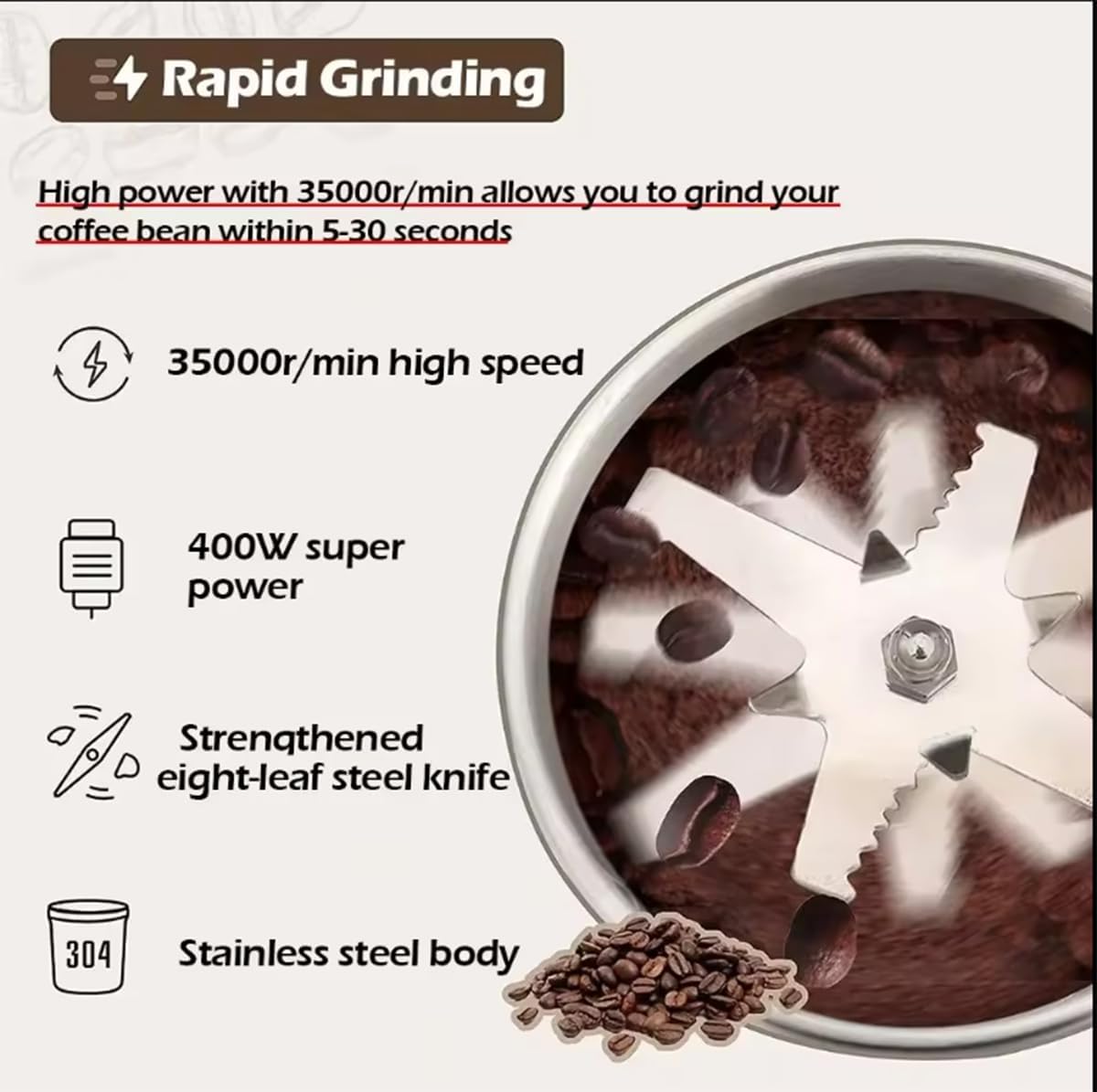 Electric Coffee Grinder, Grain mills, Spice Grinder Electric, Household Small Powder Grinding Machine, Herb Grinder, Multifunctional Grinding Machine with 304 Stainless Steel Blade