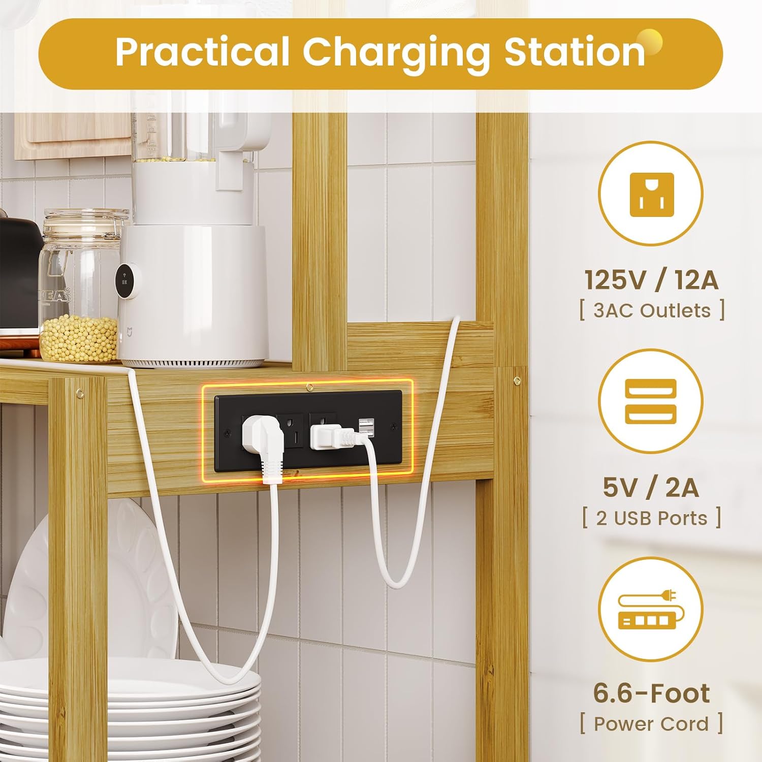 Bakers Rack with Power Outlet, Coffee Bar, 10-Tier Kitchen Shelves with 8 Hooks, Microwave Stand Kitchen Rack Freestanding Utility Storage Shelf, 15.7 x 41 x 65 Inches, Bamboo