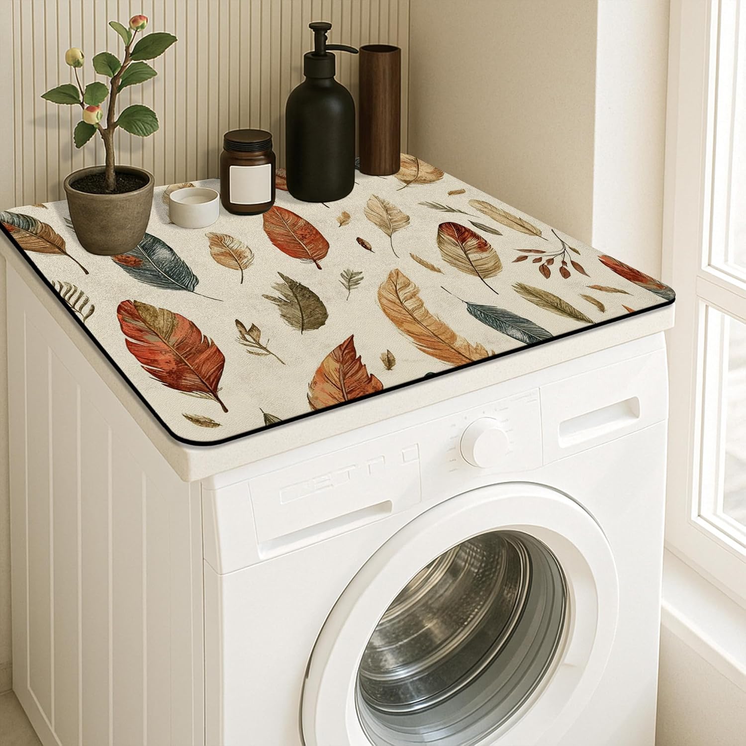 Leaf Pattern Washer Dryer Top Protector Mat, Autumn Botanical Design Laundry Machine Dust Covers, Eco-friendly Anti-slip Waterproof Washer And Dryer Mats for Laundry Room 24x24 Inch