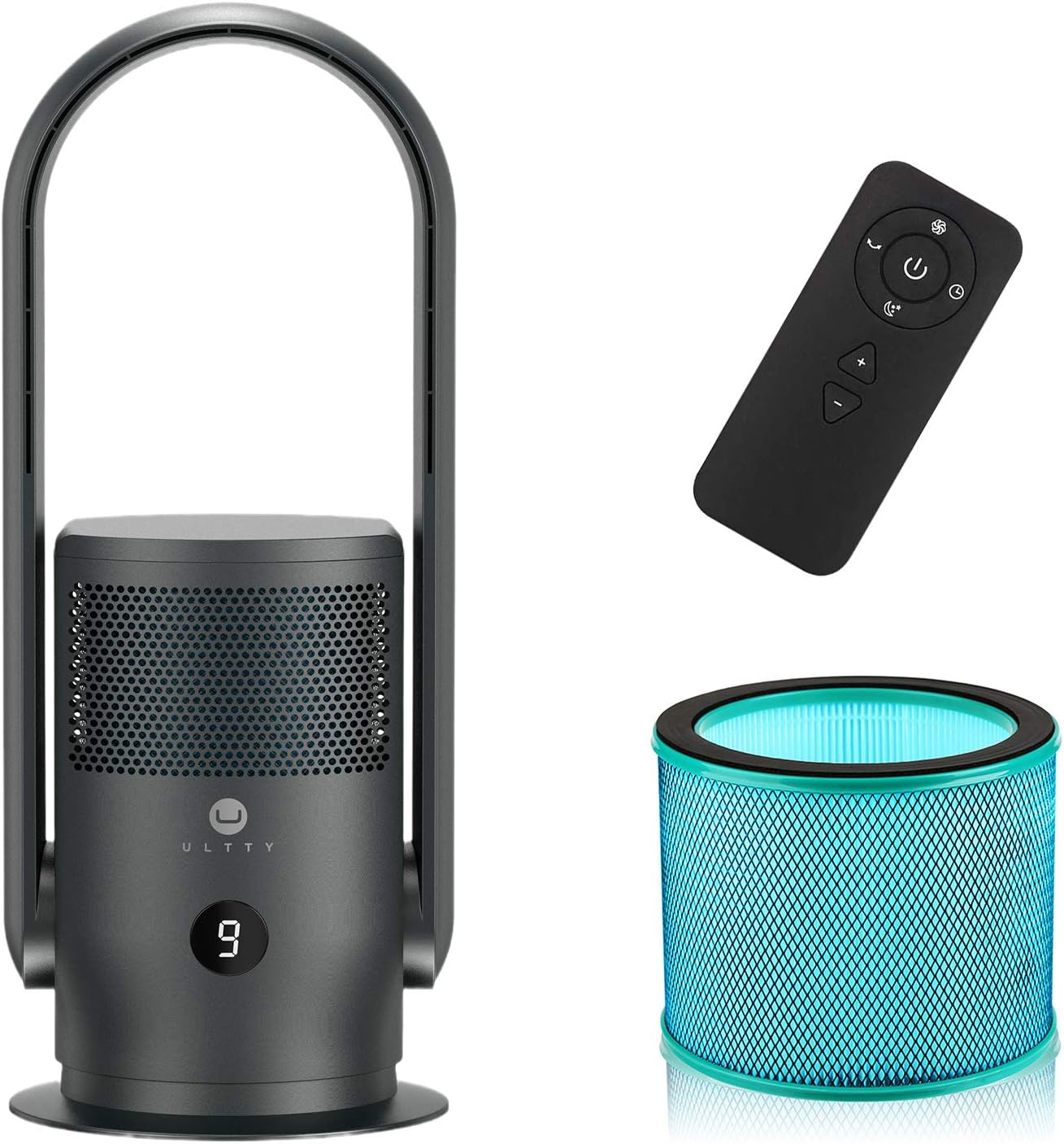 ULTTY Bladeless Tower Fan and Air Purifier in one, 90° Oscillating Bladeless Fan with Remote, Touch, 8H Timer, Floor Fans for Bedroom Whole Room Home Office R021, Black