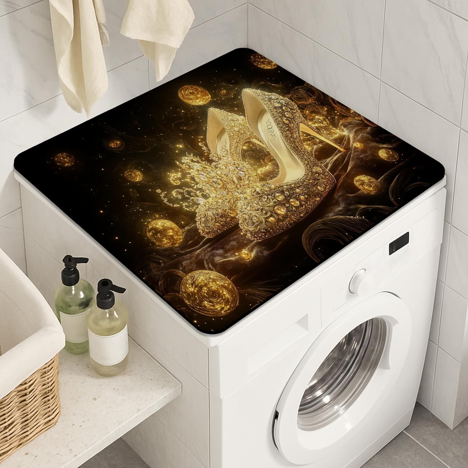 Elegant Gold Washer Dryer Top Protector Mat, Luxurious Jewel Pattern Laundry Machine Dust Covers, Opulent Rubber Anti-slip Waterproof Washer And Dryer Mats for Home Decor 24x24 Inch