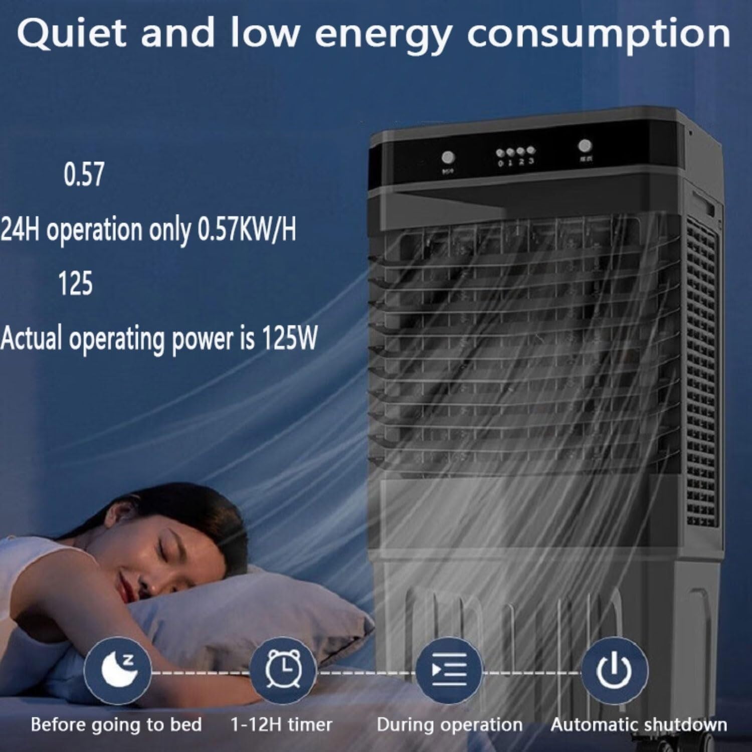 Portable Air Conditioner, 3 Modes with 120° Oscillation, 50L Extra Large Water Tank, 12-Hour Timer for Bedroom Dorms, Indoor Rooms(90cm)