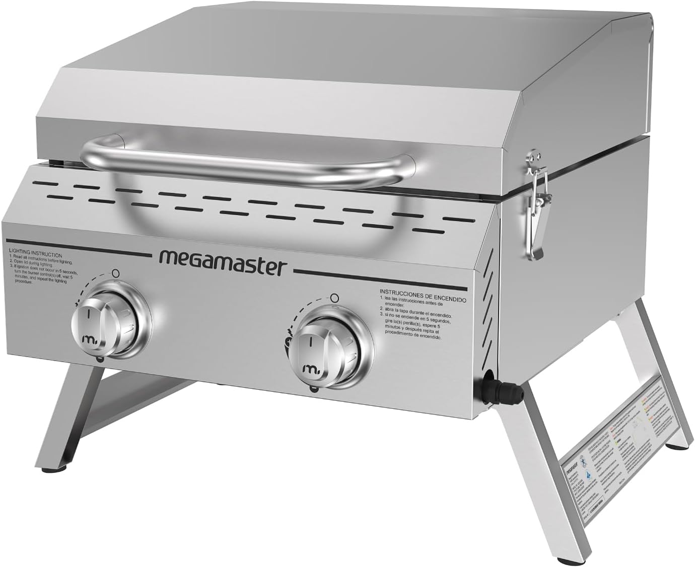 Megamaster 2-Burner Stainless Steel Portable Gas Grill with Built-In Lid, 16,000 BTUs, Foldable Legs, Small Propane Grill for Outdoor Cooking, Camping, Tailgating, Patios, and More - 820-0033M