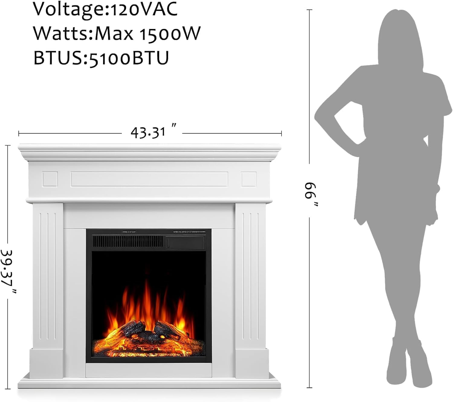 43 Inch Fireplace TV Stand with Mantel - Electric Fireplace Heater, Wooden Entertainment Center, Adjustable LED Flame, Freestanding (750W/1500W),Cream