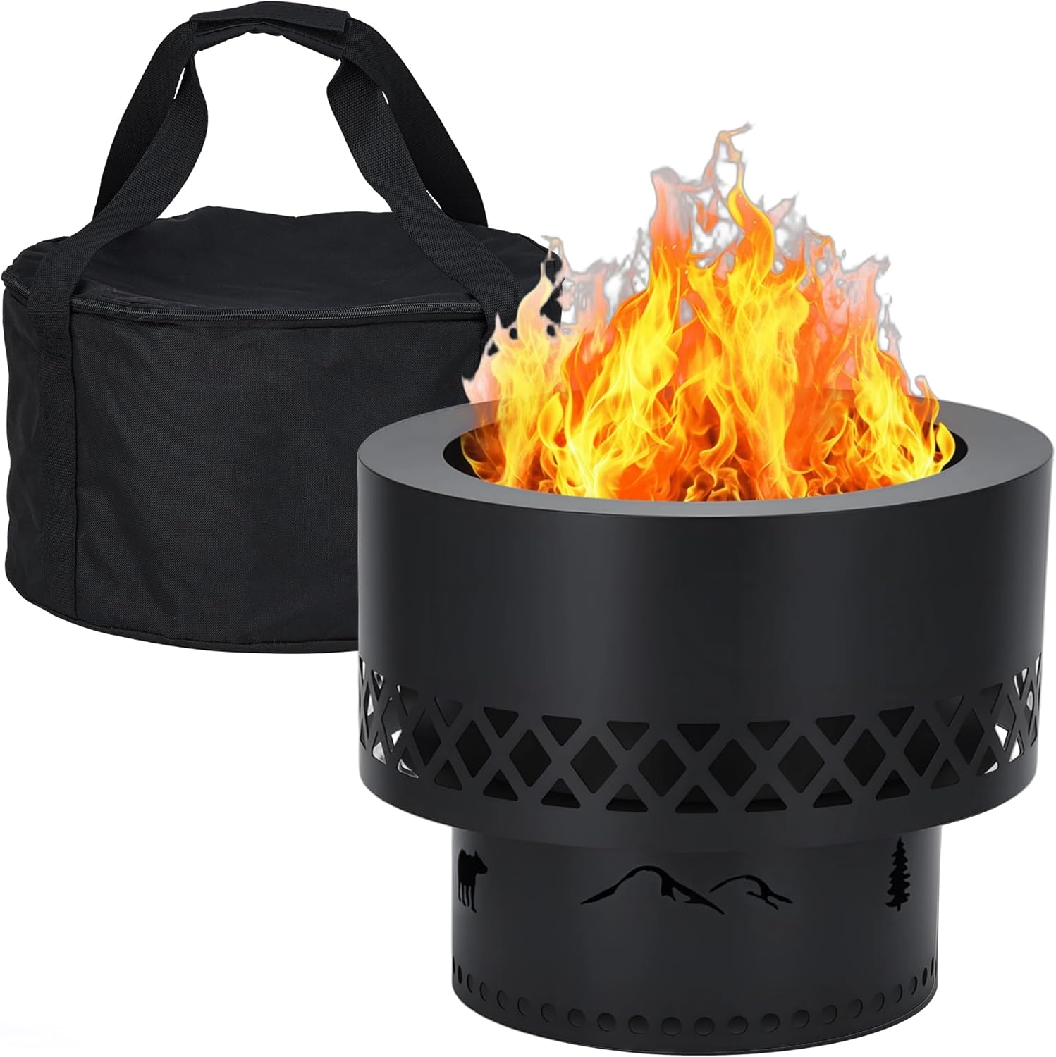 16 Inch Smokeless Fire Pit for Outdoor, Wood Burning Steel Firepit with Removable Ash Pan & Waterproof Carrying Bag, Low Smoke Design for Patio, Backyard, Camping Bonfire, BBQ Gatherings