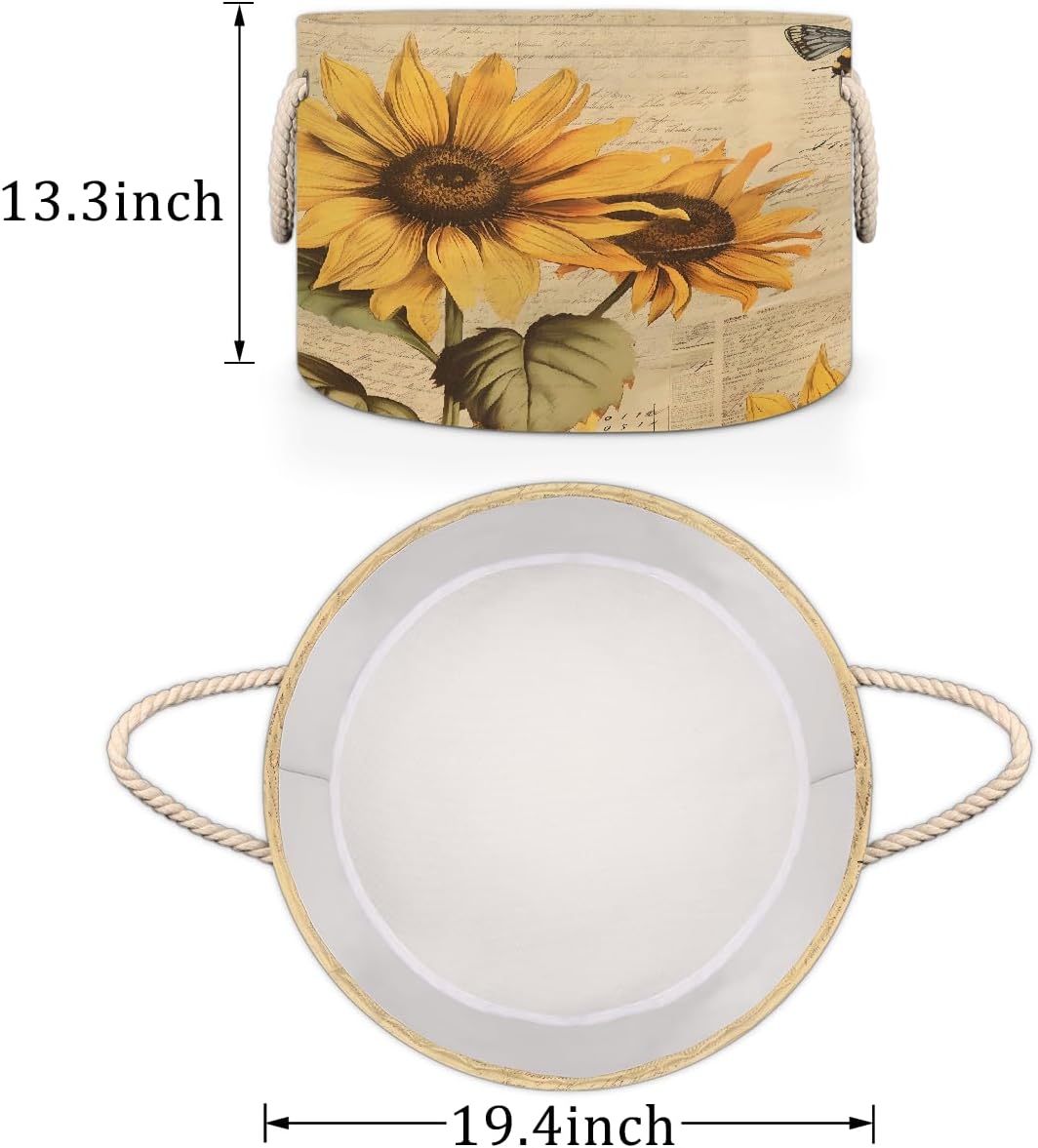 Vintage Style Bee Sunflower Round Storage Basket Laundry Hamper Collapsible Laundry Basket with Handles Large Canvas Storage Bin for Clothes Toys Nursery Bedroom Closet Organizer