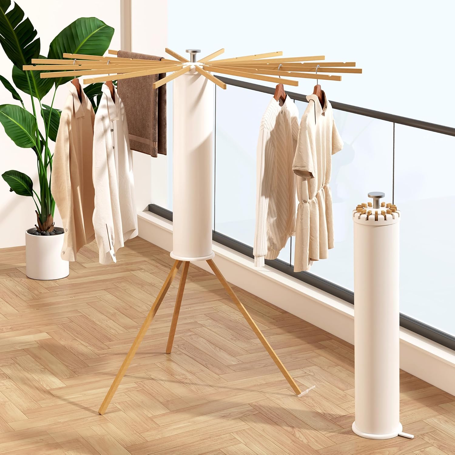 Tripod Clothes Drying Rack, Laundry Drying Rack for Clothing, Foldable Collapsible Space-Saving Umbrella Dryer with 16 Rods, Floor Standing Rack for Indoor Outdoor Use, Wooden