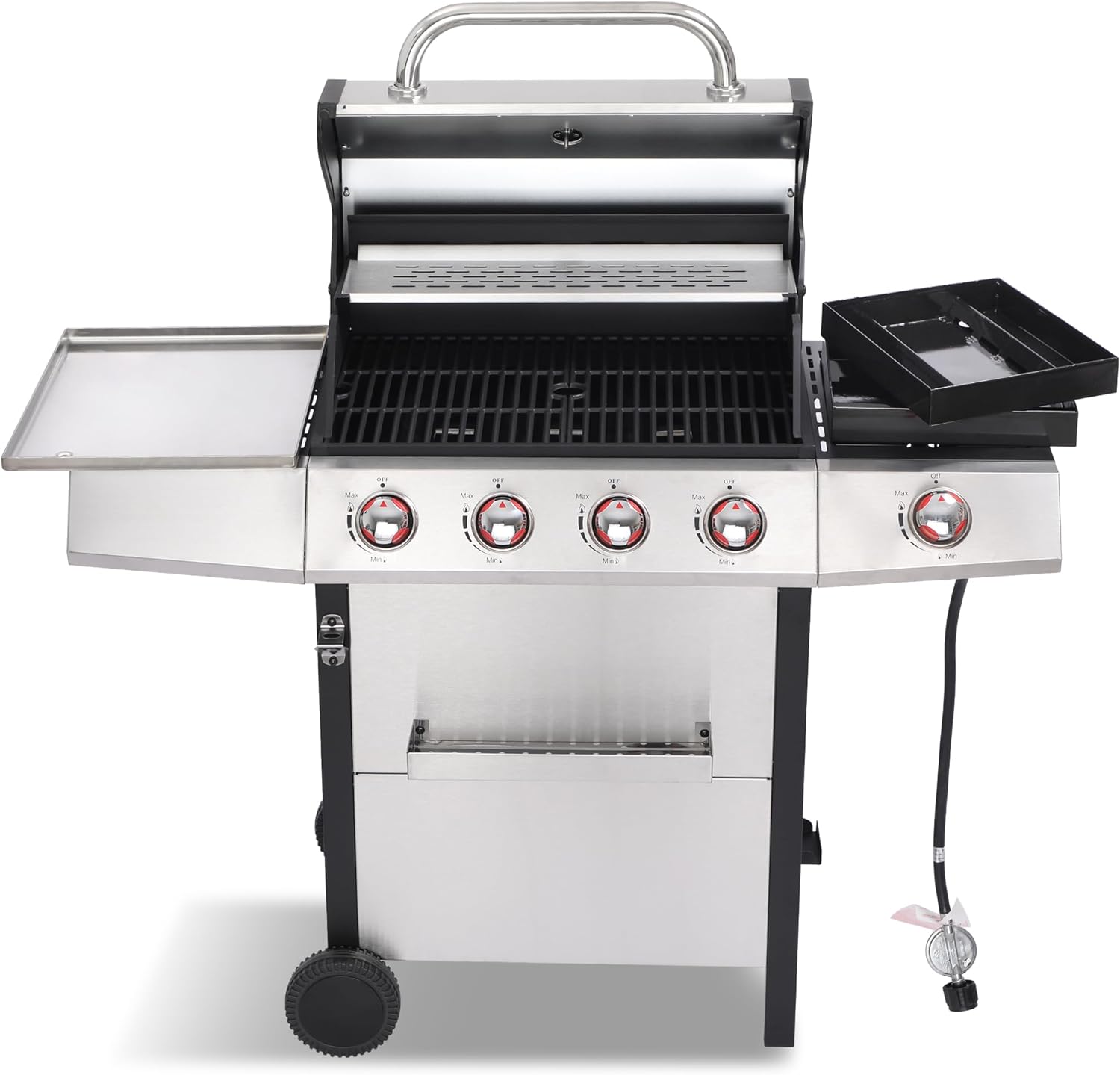 Cookit 4-Burner Gas Grill with Side Burner, 49,000 BTU Output - Double-layer Stainless Steel Grill Lid, Cast Iron Grates, Griddle & Charcoal Pan, Easy-Clean Grease Management for Perfect BBQs