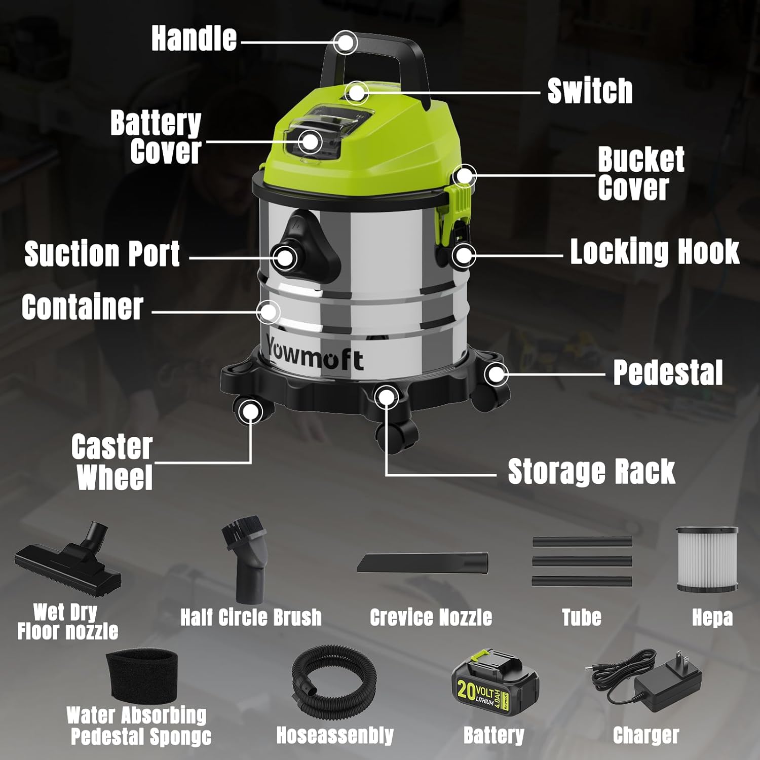 4 Gallon Cordless Shop Vac, Cordless Shop Vacuum Wet and Dry with 16 Kpa Strong Suction & Blower, Portable Shop Vacuum, Battery Powered Shop Vac for Car, Home and Garage