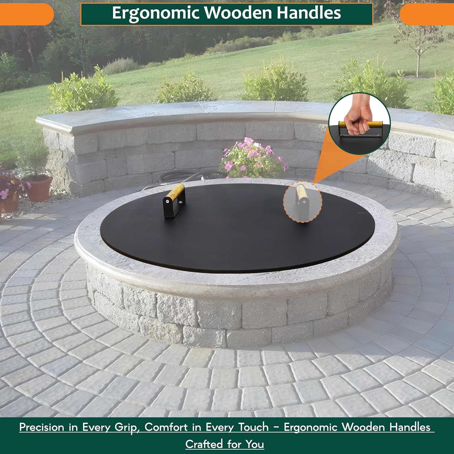 Round Fire Pit Lid - 28 inch fire pit cover Metal with Wooden Handles - Fits for Bonfire Pits or Propane Fire Pit Fire Tables, Weather Resistance Outdoor Firepit & Smokeless Fire Pit Cover as Tabletop