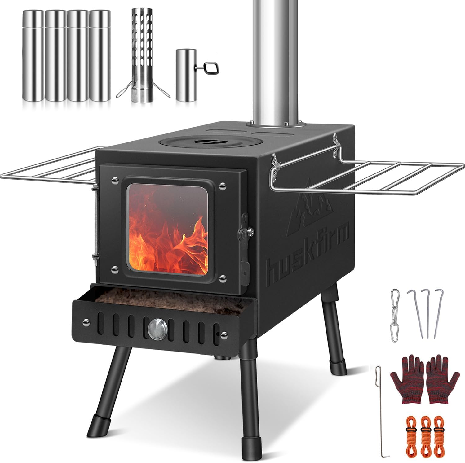 Wood Burning Stove,Tent Stove for Heating,Folding Portable Wood Stove for Tent,Cooking,Courtyard,Camping Stove include Chimney Pipes and Spark Arrestor, Black-LOGO