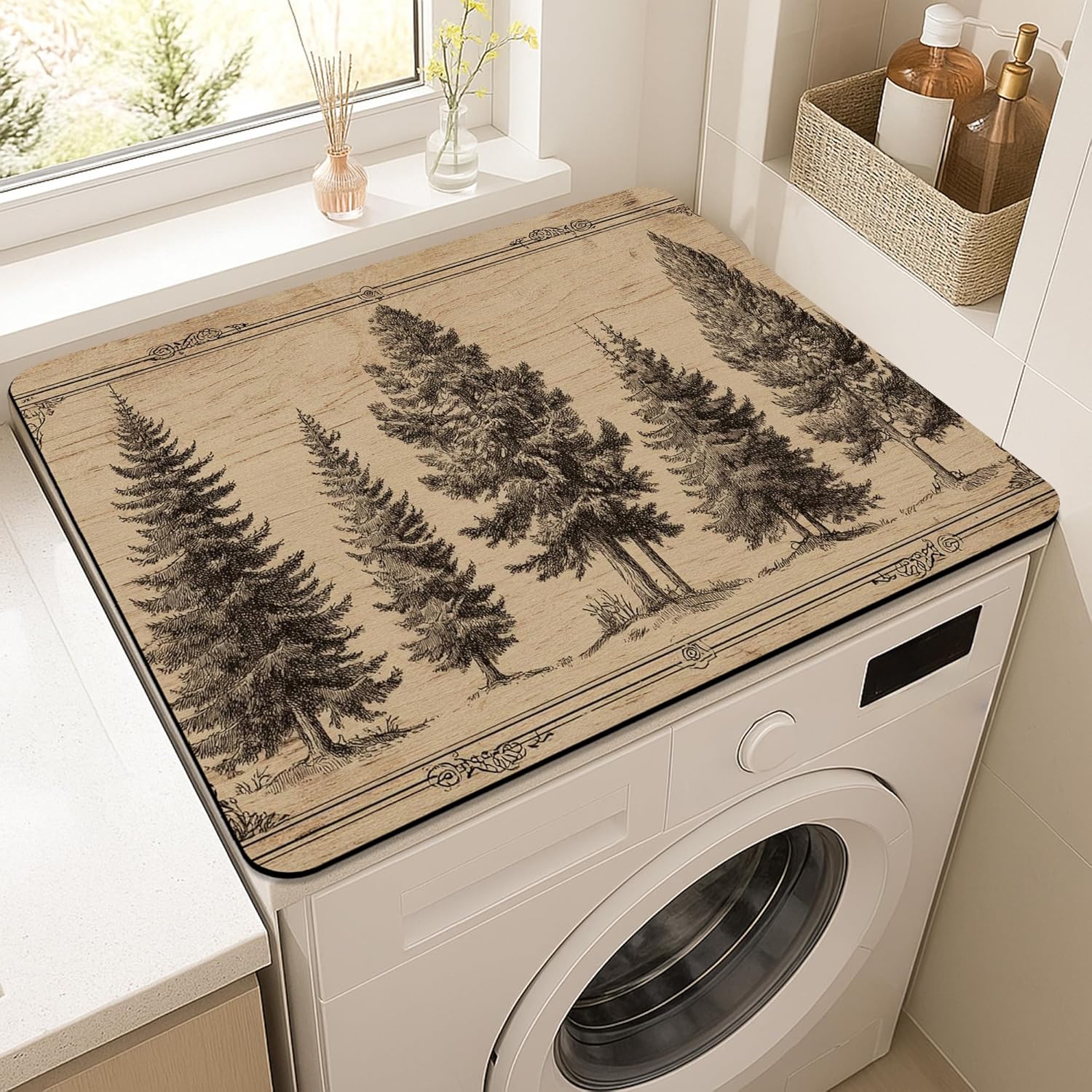 Tree Design Washer Dryer Top Protector Mat, Rustic Vintage Laundry Machine Dust Covers, Eco-friendly Rubber Anti-slip Waterproof Washer and Dryer Mats for Home 20x24 Inch