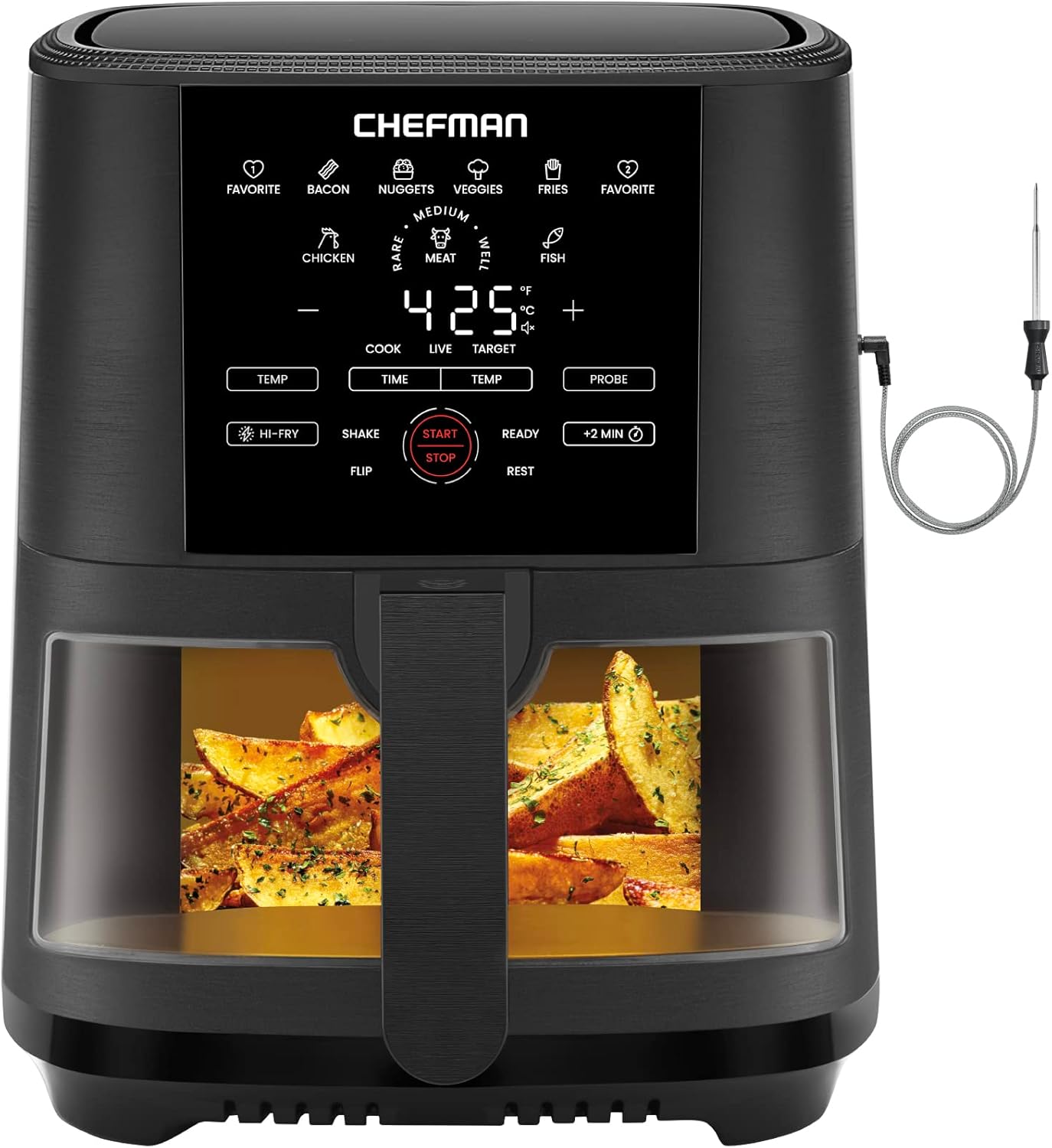 CHEFMAN 5-Quart Digital Air Fryer with Temperature Probe, 8 Customizable Cooking Presets, Large Easy-View Window, Give Your Food an Extra Crispy Finish, Nonstick Dishwasher-Safe Basket & Tray, Black