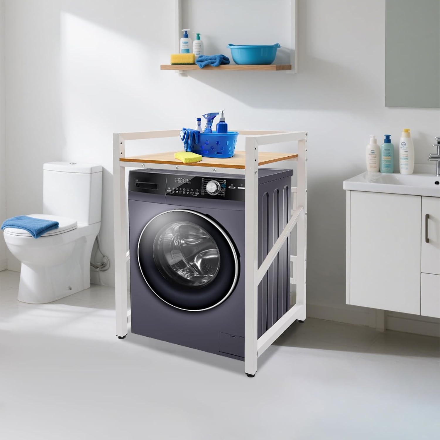 Washer Dryer Stacking Rack Stand, Washing Machine Shelf Over the Washer and Dryer Shelves 3 Level Height Adjustable Storage Shelf Organizer Rack for Laundry Rooms Apartments Bathroom (White Yellow)