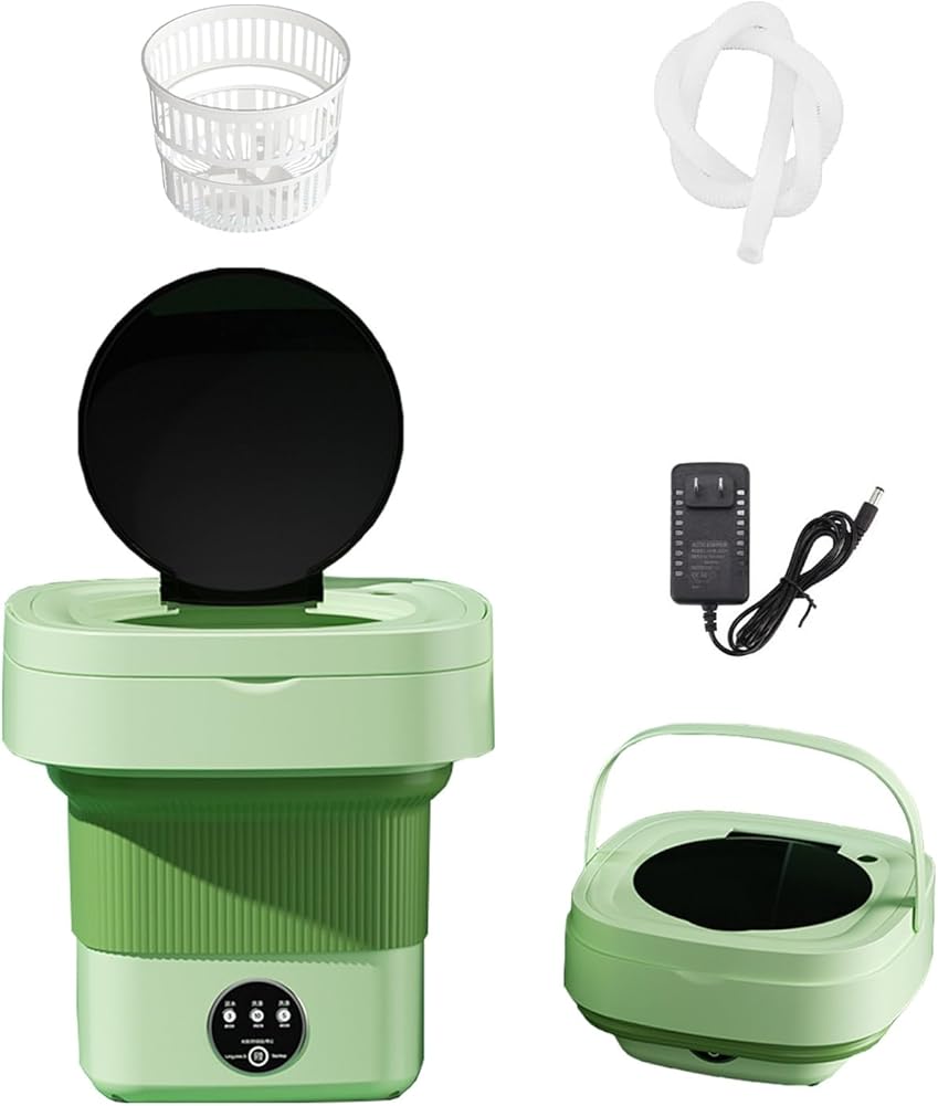 Portable Mini Washing Machine - Compact & Foldable Washer with Drain Basket for Apartment, Efficient Laundry Solution (Green)