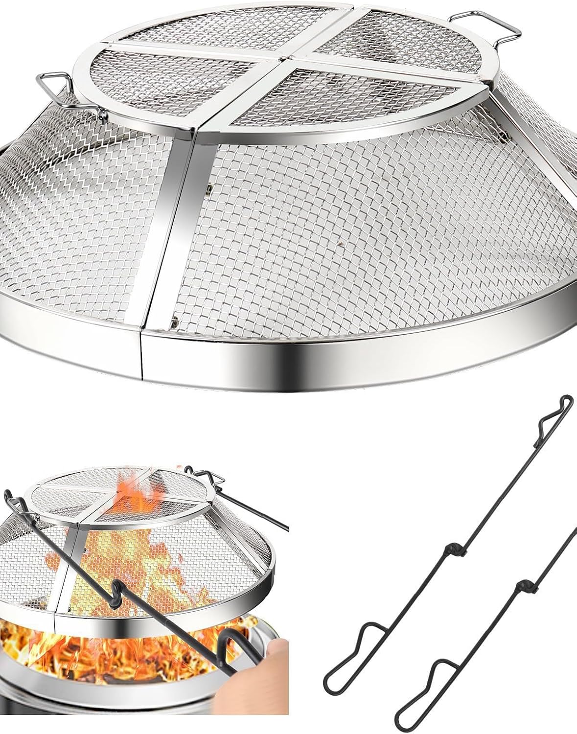 Stainless Steel Fire Pit Spark Screen, 15-27 Inch Mesh Cover, Heat-Resistant Dome Protector with Reinforced Crossbars (2-Generation Brazier Cover is 27 inches)