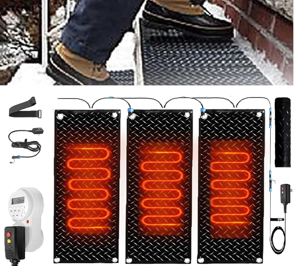Snow Melting Mat with Timer, Stairs Non-Slip Heated Outdoor Mats, Snow Melting Mats with Timer for Winter Outdoor Stairs, Steps, Doorways, Walkways, Driveway(3 Pcs-10in x 35.4in (25.4x90 cm))