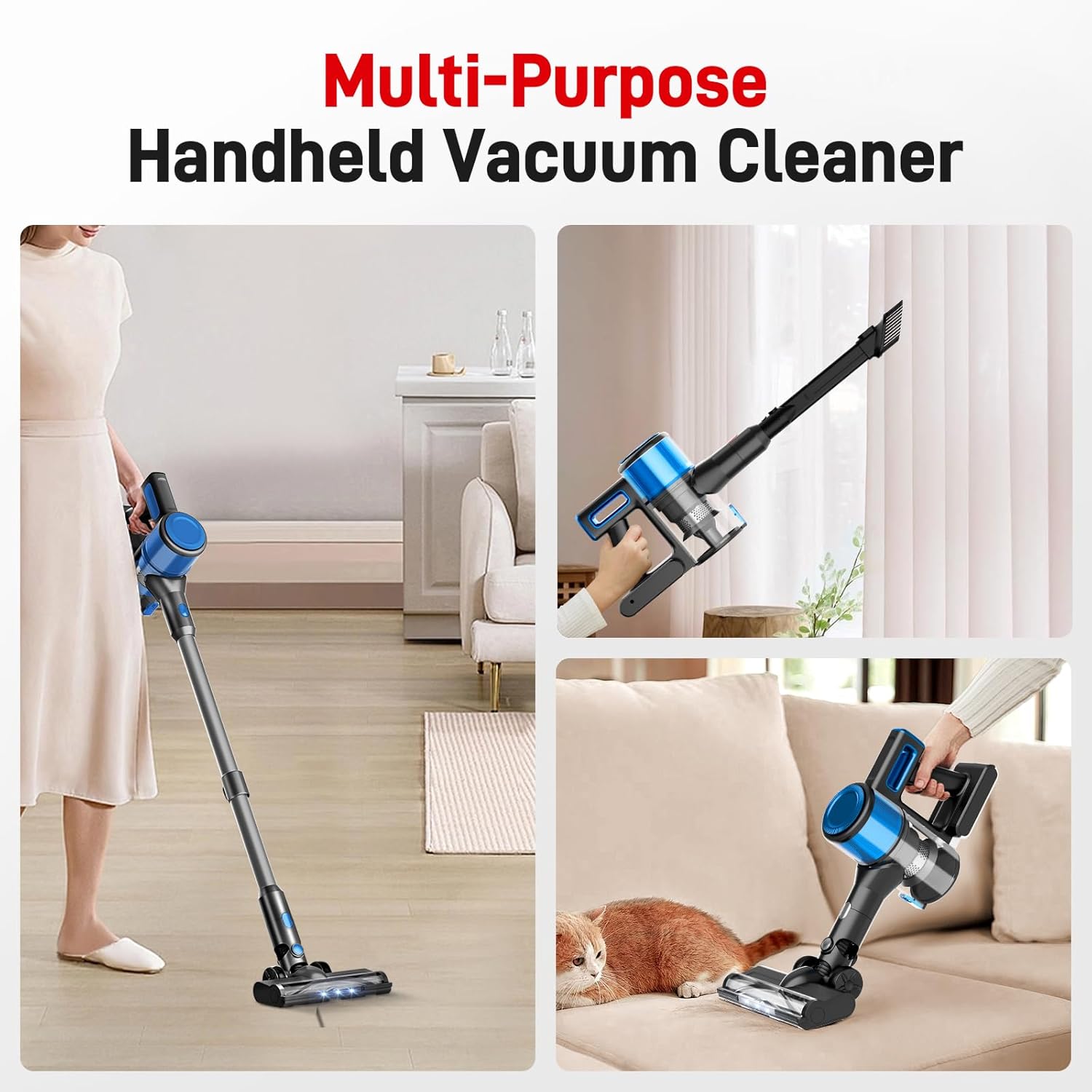 KIKETECH Cordless Vacuum Cleaner, Powerful Stick Vacuum with 45Mins Runtime, 8 in 1 Vacuum Cleaners,1.5 L Dust Cup, Rechargeable Vacuum Pet for Hair, Carpet, Hardfloor,Blue
