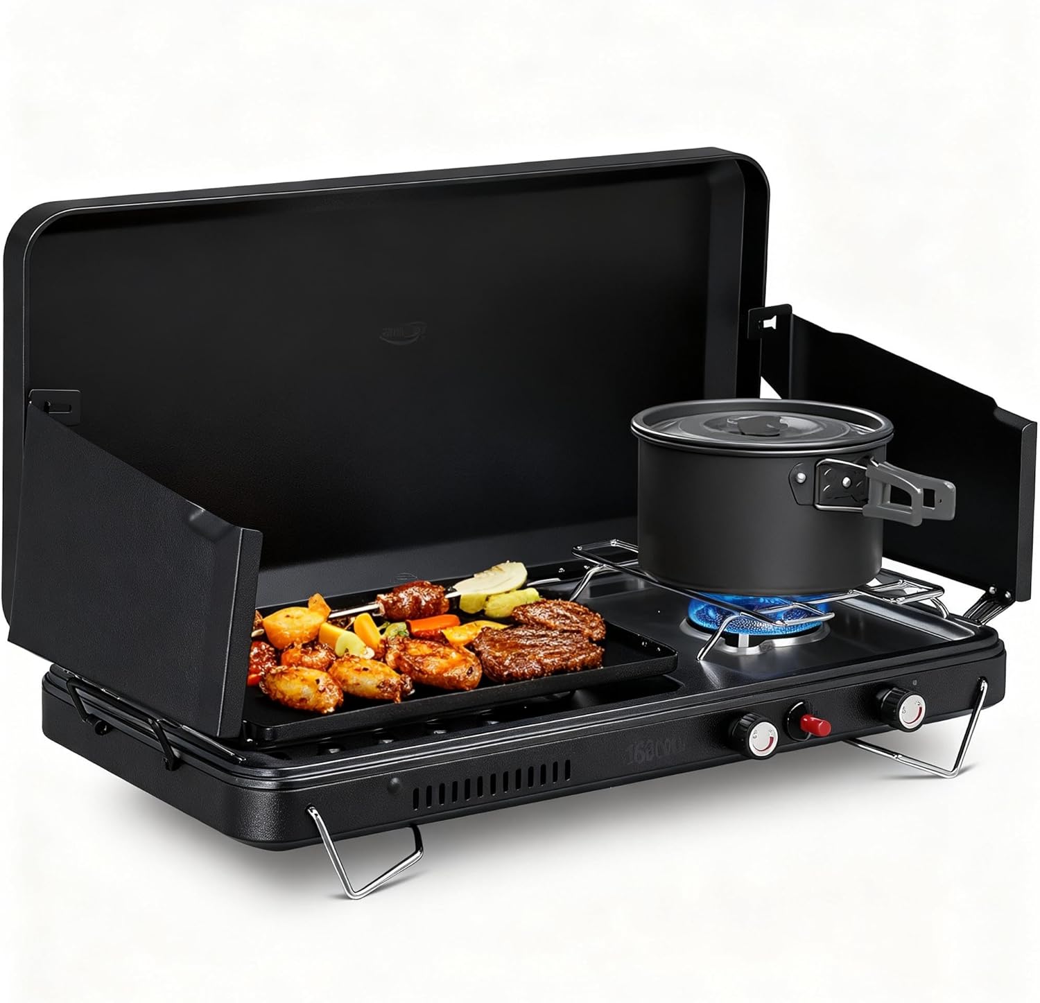 Bonnlo 2-in-1 Camping Stove with Propane Griddle, 15000 BTU Portable Gas Stove with Auto-Ignition, Foldable Windshield & Carry Handle, Camp Stove for Outdoor Cooking, BBQ, Frying, Camping, Tailgating