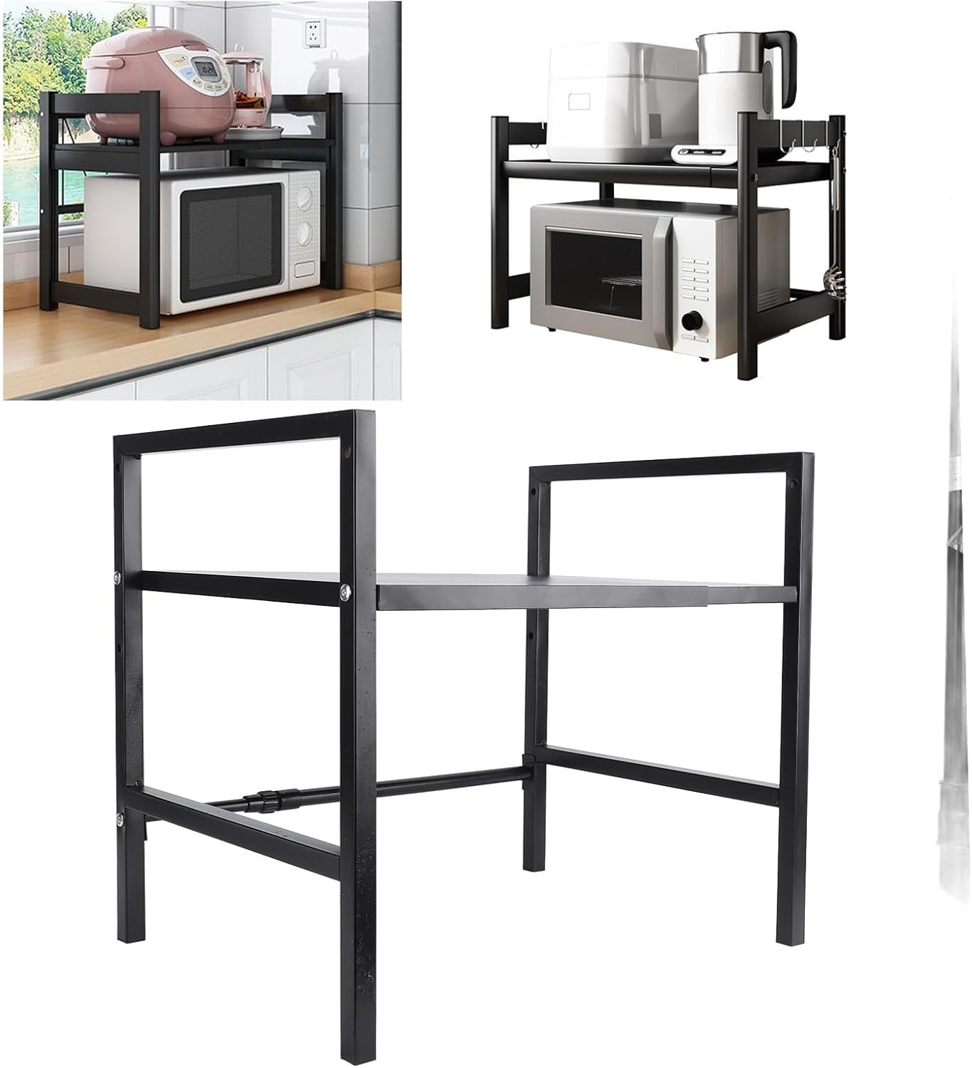 Microwave Oven Rack, Carbon Steel Shelf with 4 Hooks, Heavy Duty 198.4lb Capacity for Jars Utensils Storage