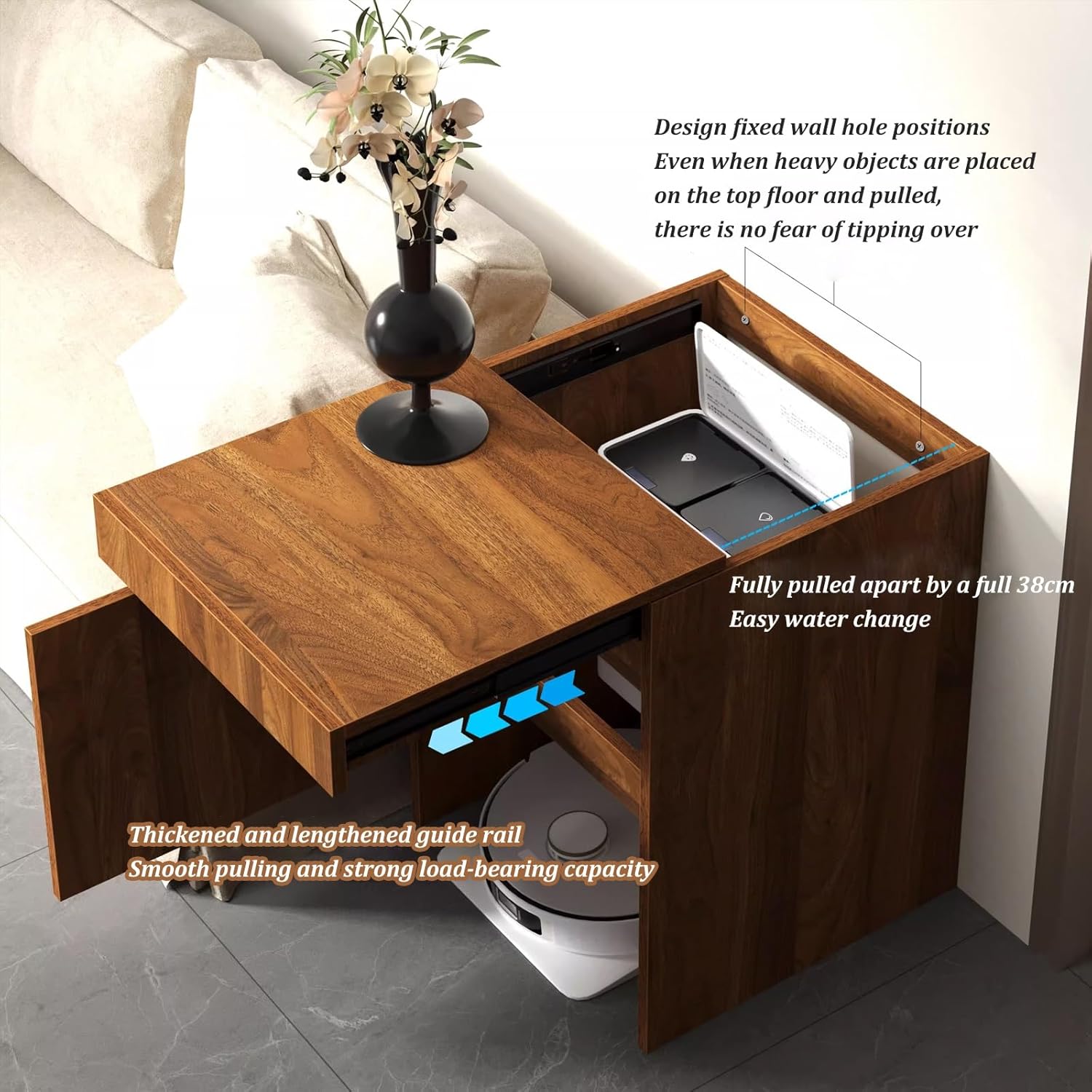 Robot Vacuum Storage Cabinet, 1.8mm Thick Wood Black/White/Brown, Pull-Out Top Shelf with Silent Rails, Soft Close Door, Space-Saving for Living Room Office Laundry Room(Natural)