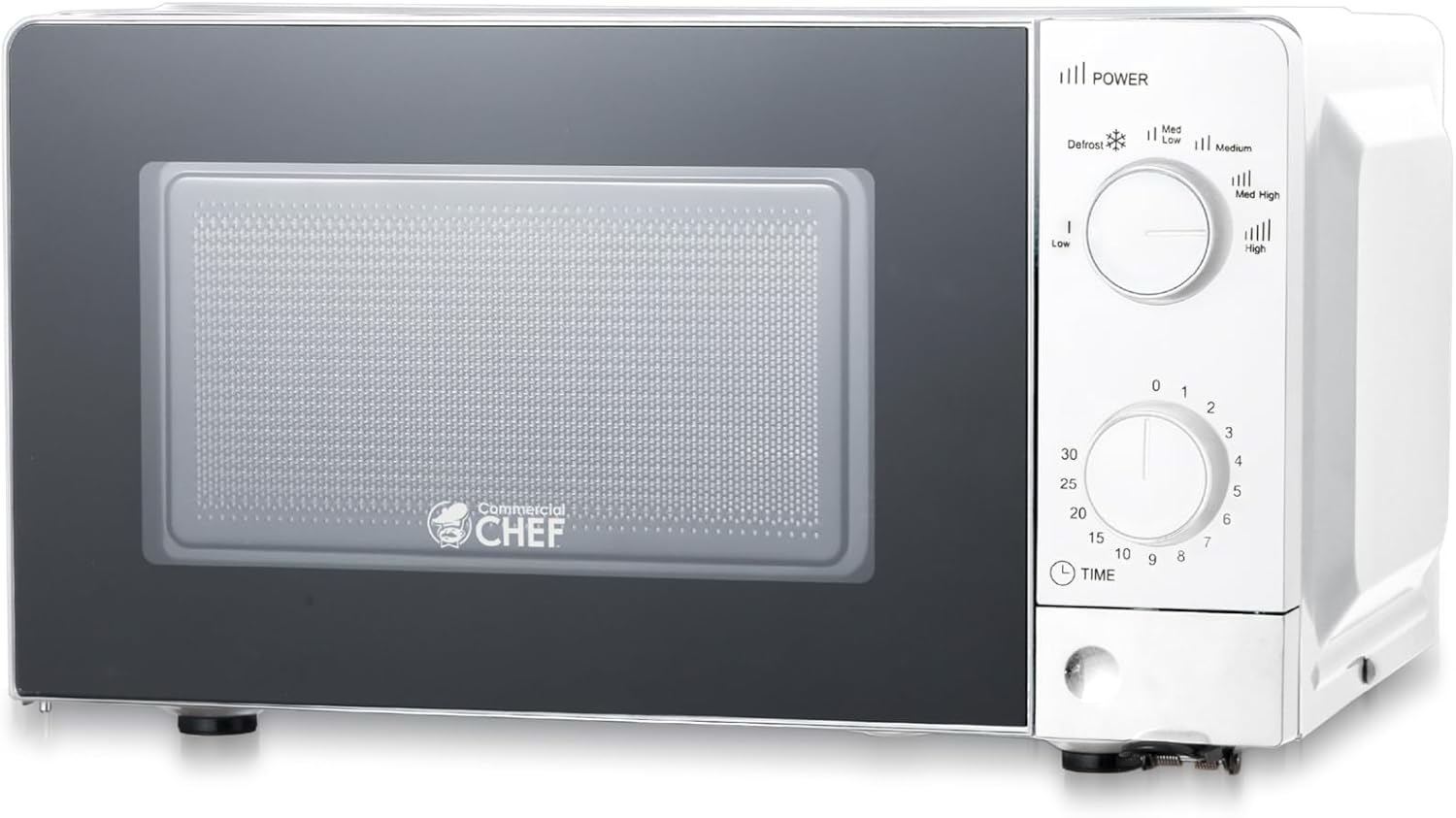 Commercial Chef 0.6 Cu. Ft. Countertop Microwave Oven, Mechanical Dial Controls, 700W, Pull Handle Door, 6 Power Levels, CHM660W, White