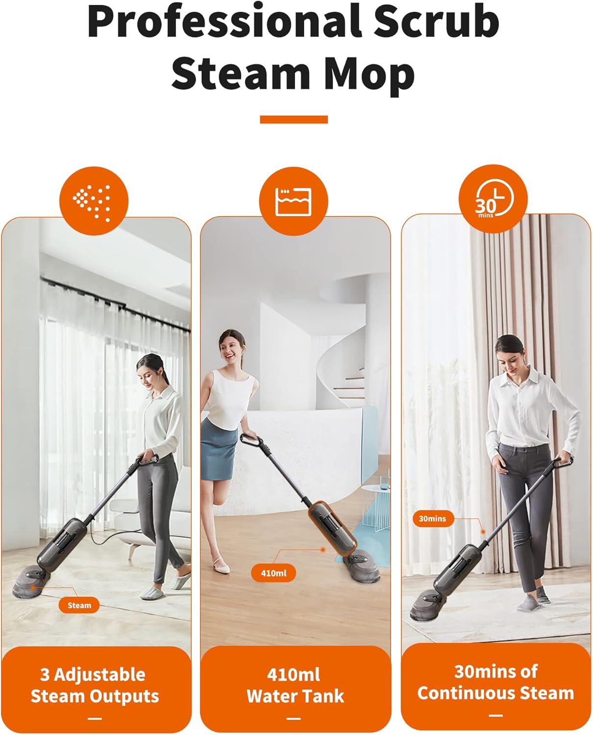 Steam Mop,Aspiron 1100W Electric Spin Scrub Steam Mop,Handle Control 3 Steam Modes Steam Cleaner,110℃/ 230℉ Steam,410ml Water Tank,LED Light,Steamer for Marble Floor Hardwood Tile Laminate