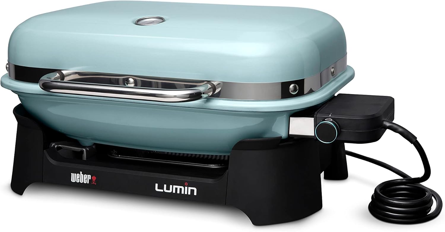 Weber Lumin Portable Outdoor Electric Barbecue Grill for Small Spaces and Travel, Ice Blue