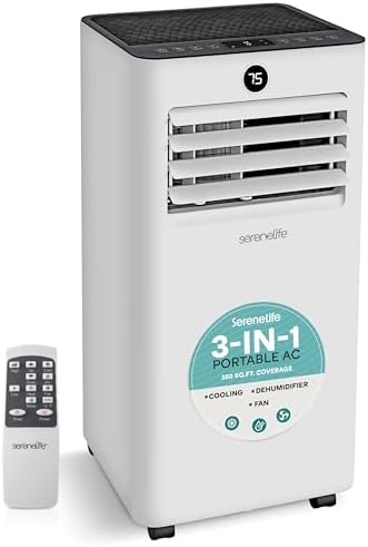 SereneLife 10,000 BTU Portable Air Conditioner, 3-in-1 AC with Cooling, Dehumidifier and Fan, Energy Efficient Mini AC Unit with 450 Sq. Ft. Coverage, Includes Window Mount Kit, (Gray)