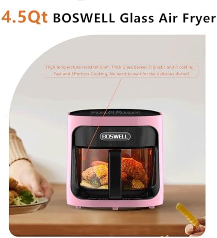 BOSWELL 6 in 1 Glass Air Fryer,4.5QT Air Fryer with Transparent Glass Pot,Circulating Air Heating, Bake, Broil, Air Fry, Temperature Control, Dishwasher Safe (Pink)