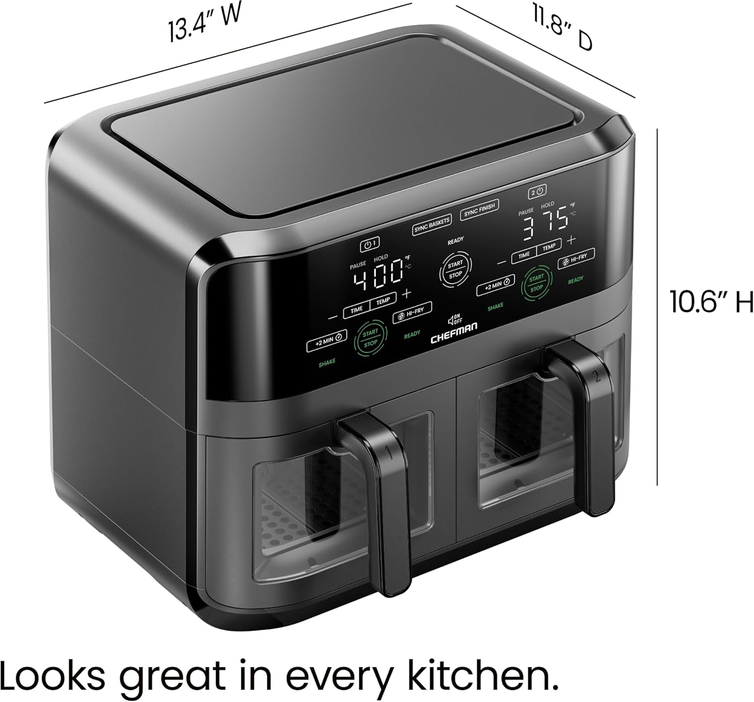 CHEFMAN 6 Quart Dual Basket Air Fryer Oven with Easy View Windows, Sync Finish, Hi-Fry, Auto Shutoff, 2 Independent 3Qt Nonstick Dishwasher Safe Frying Baskets, Digital Double Air Fryer - Black