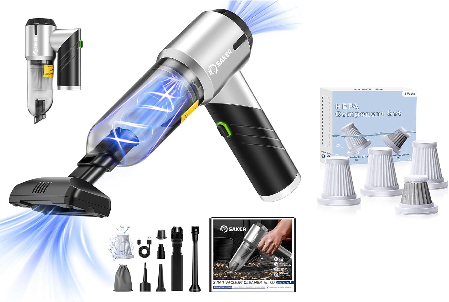 Saker Car Vacuum Portable Cordless17000PA HL132 with 3 HEPA Filter and 1 Steel Filter Set