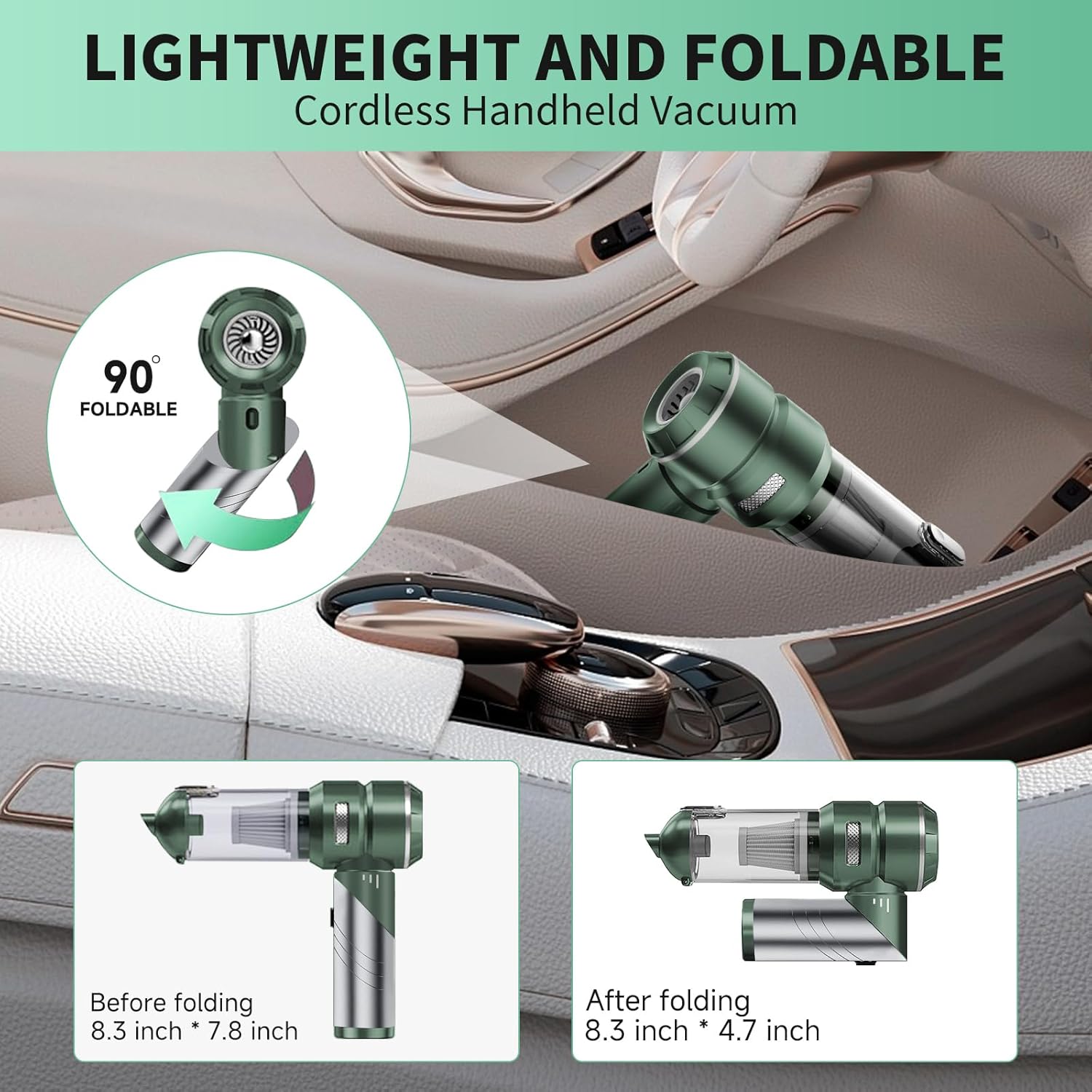 Car Vacuum Portable Cordless 21000PA High Power Mini Vacuum Cleaner 4-in-1 Compressed Air Duster & Air Blower & Pump Hand Held Vacuum with Brushless Motor for Car (Grass Green)