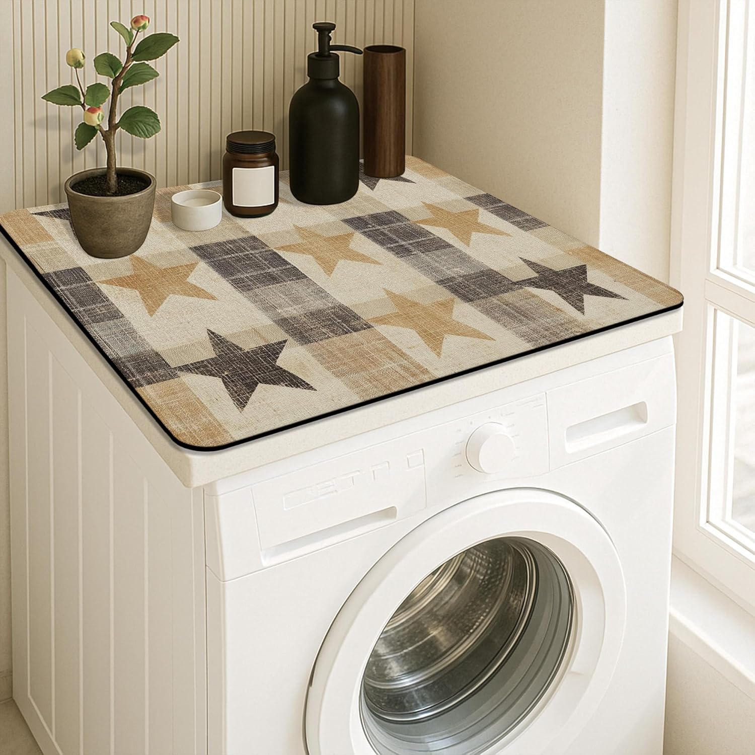 Rustic Star Washer Dryer Top Protector Mat, Farmhouse Style Laundry Machine Dust Covers, Cozy Vintage Rustic Anti-slip Waterproof Washer And Dryer Mats for Laundry Room 24x24 Inch