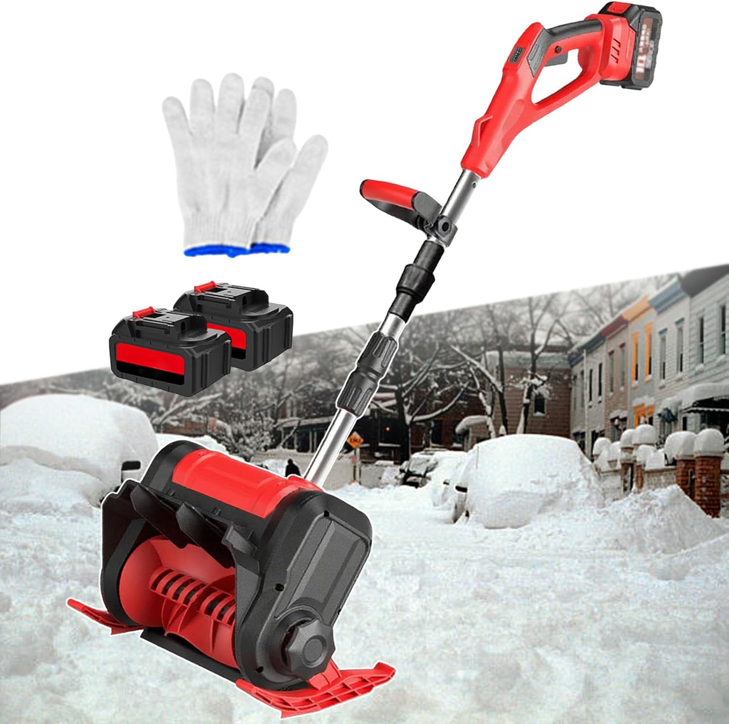 Cordless Rechargeable Snow Shovel, Electric Foldable Snow Blower, 3 Directions Adjustment + Aluminum Alloy Pole, for School Roads, Driveways, Courtyard, Factory Red-2batteries