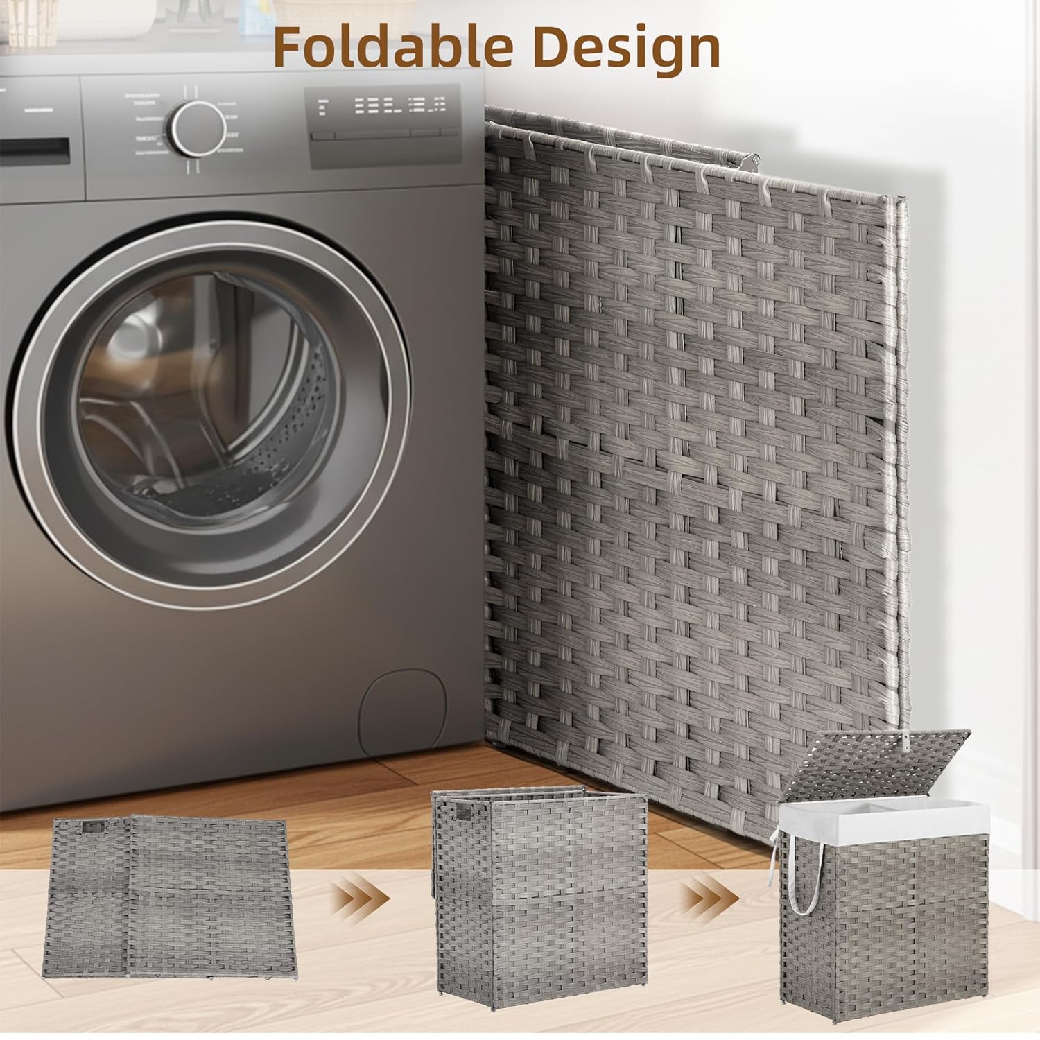 Woven Laundry Basket with Lid, Large Hamper with Removable and Machine-Washable Liner, Foldable Rattan Clothes Hamper, Sturdy Steel Frame, Odor Control, 90L Capacity, Dove Gray