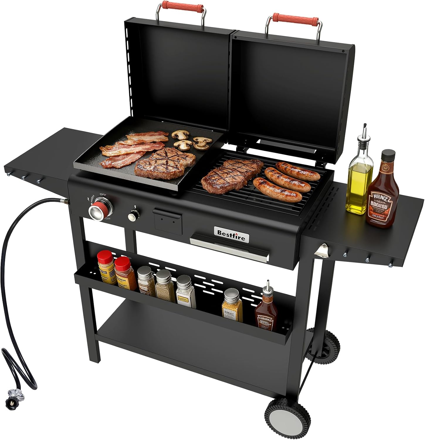 Bestfire Dual Fuel Gas & Charcoal Grill Combo, 12,000 BTU Propane Burner, Black BBQ Grill with Flat Top Griddle, Dual Lids, Side Shelves & Storage Rack for Outdoor Backyard Cooking