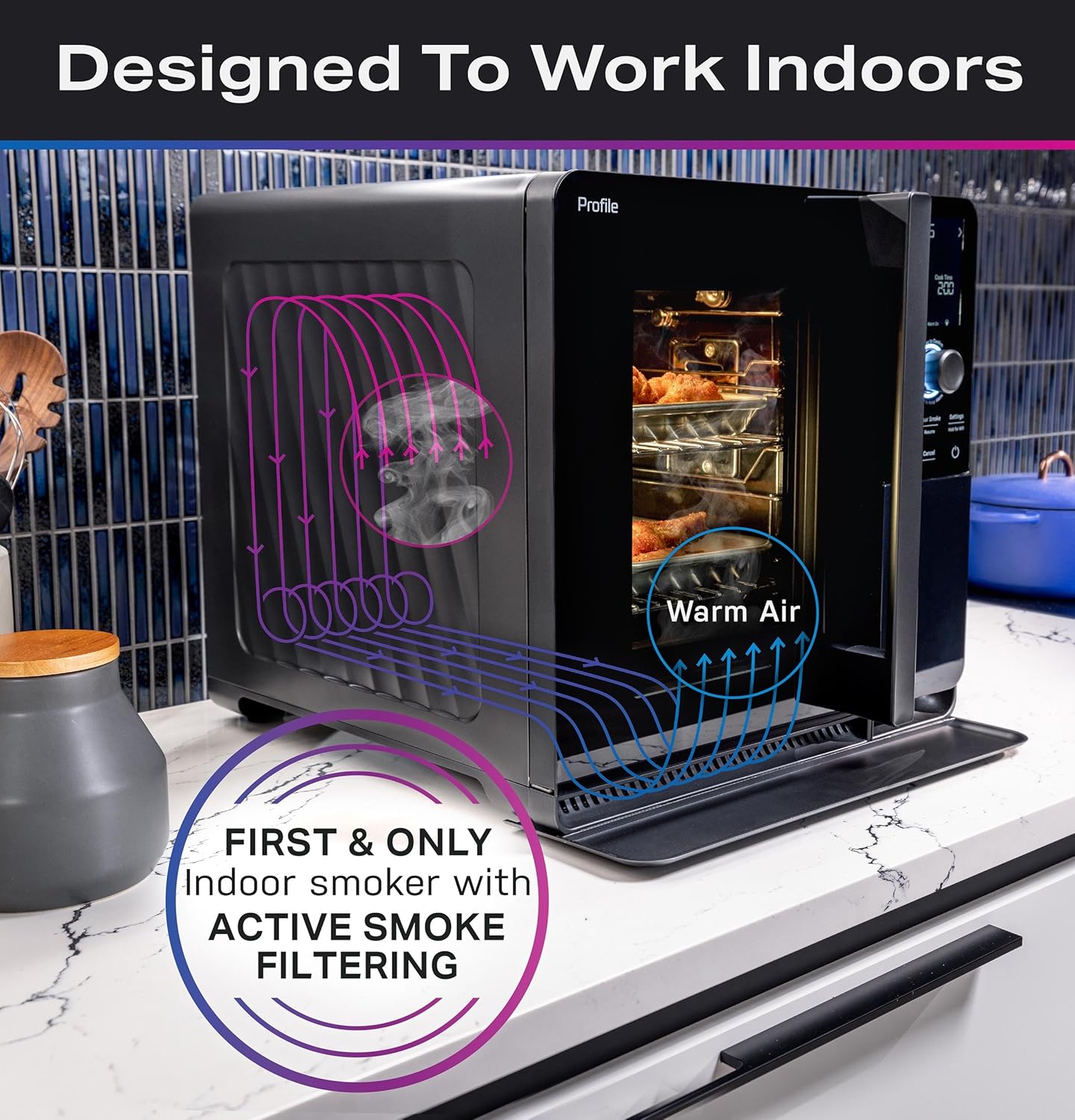 GE Profile™ Smart Indoor Pellet Smoker, with Active Smoke Filtration, 5 Smoke Control Settings, WiFi Connected, Electric, Countertop BBQ Appliance, Black