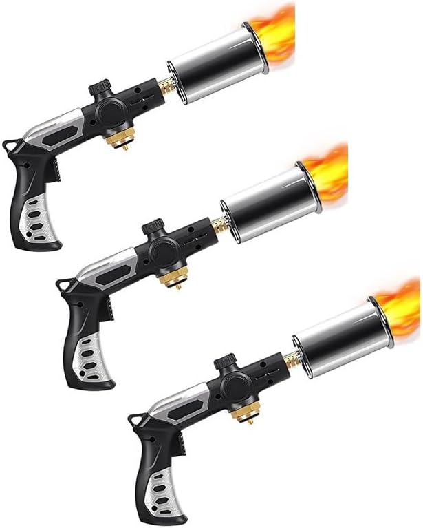 Propane Torch Gun, Adjustable Flame Cooking Torch with Safety Lock and Heat-Sensitive Nozzle for BBQ, Steak Searing, Fire Starter and Outdoor Tasks(3pcs)