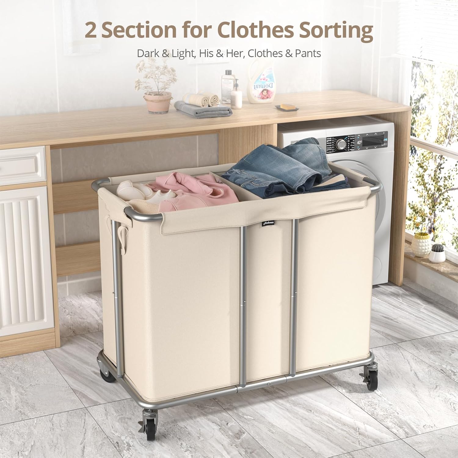 230L Rolling Laundry Hamper, 2-Section Laundry Basket with Wheels, 61 Gallons Laundry Sorter with Metal Structure and Removable Liner, Clothes Hamper for Laundry Room, Bathroom, Bedroom, Beige