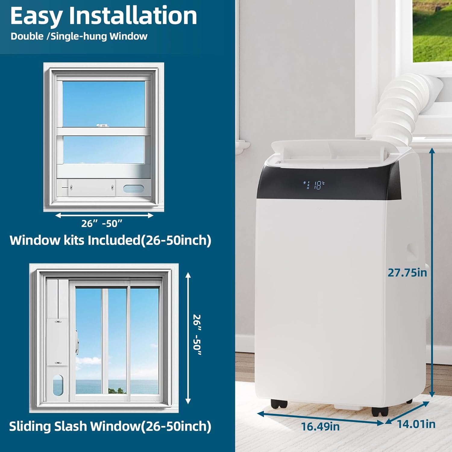 14,000 BTU Portable Air Conditioners, Air Conditioner Portable for Room up to 750 Sq.Ft, 3-in-1 AC Unit with LED Function Display, Dehumidifier & Fan, Installation Kit & Remote Control for Home