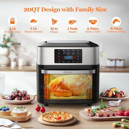 Air Fryer Oven Large 20 QT, 10-in-1 Toaster Oven Air Fryer Combo with Window for Family, Airfryer Oven with Rotisserie, 3 Dehydrating Racks