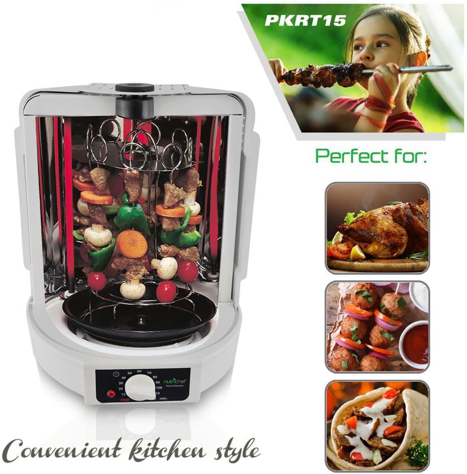 NutriChef Vertical Rotisserie Oven Roaster – Electric Shawarma & Kebab Machine with Skewers, Basket Tower, Poultry Rack, Drip Tray – For Chicken, Turkey, Lamb, Beef – (White)