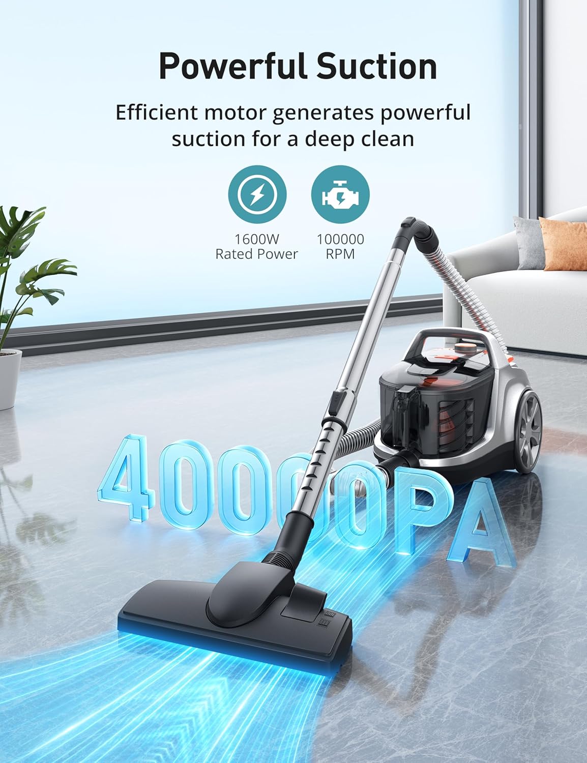 Aspiron Canister Vacuum, Upgraded 1600W Bagless Canister Vacuum Cleaner, Auto Cord Rewind, H13 HEPA Filter, 4Qt Large Capacity, 5 Tools for Hard Floors, Carpet, Pet, Upholstery, Tiles, Apricot