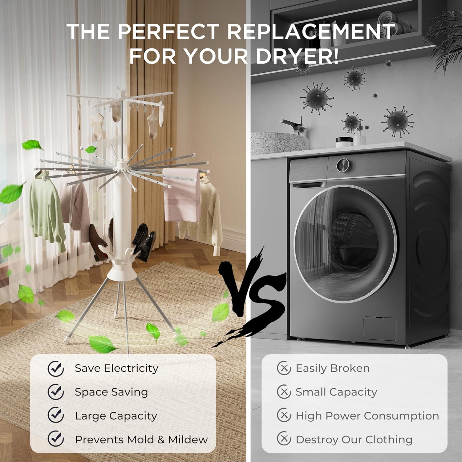 Clothes Drying Rack Foldable, 4-Legged Drying Rack Clothing with 20 Clips, Shoe Dryer Rack, Laundry Drying Racks with 4 Pulleys & Anti-Slip Holes, Portable Hanging Dry Rack for Clothes, Socks, Shoes