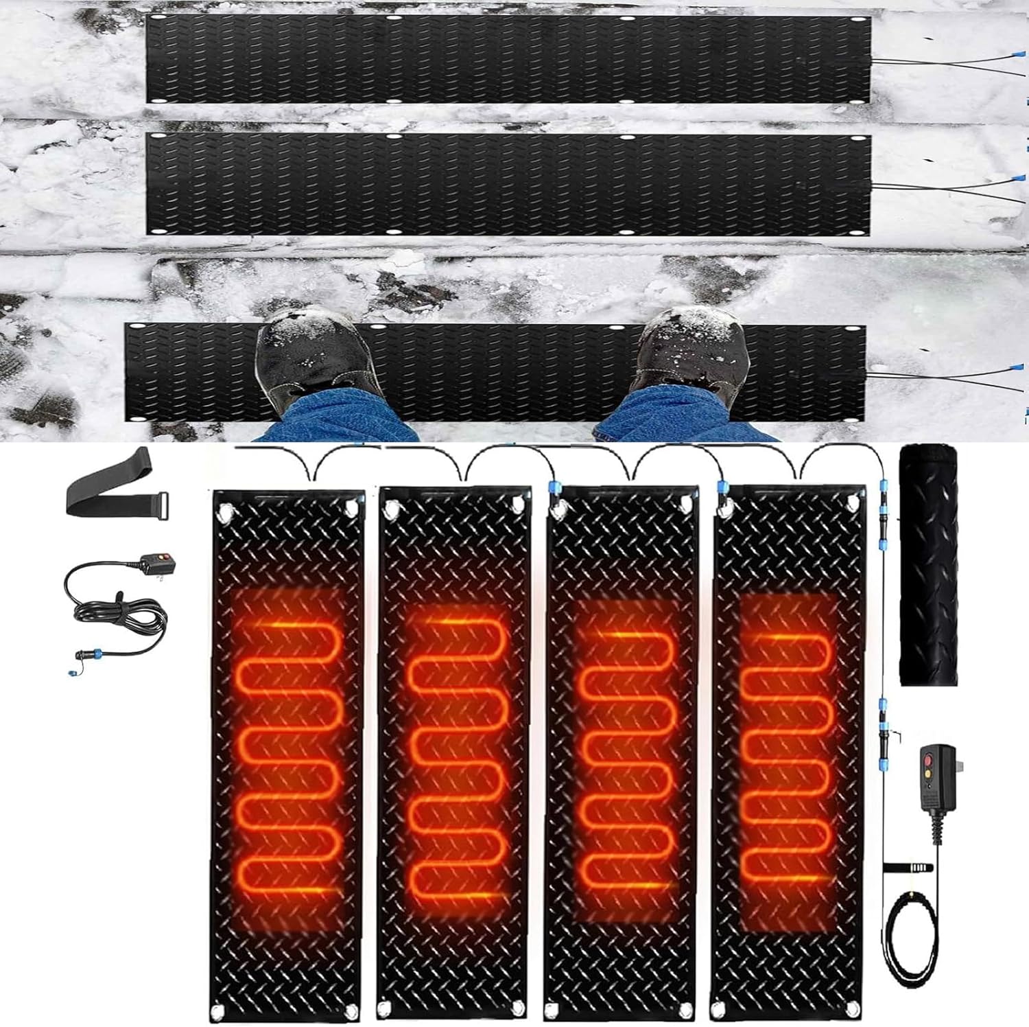 Rubber Snow Melting Mat for Outdoor Use - Anti-Slip Electric for Stairs, Walkways, Driveways, and Doorways(40x200cmx4Pcs)