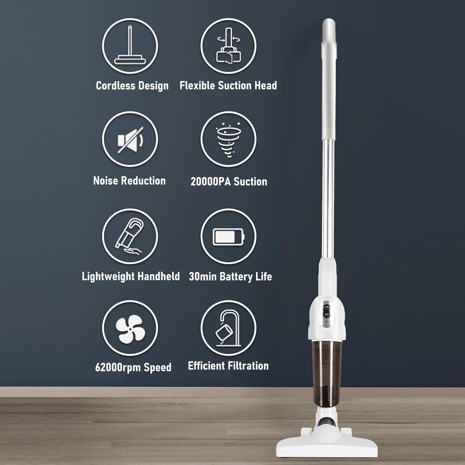 Fabater Cordless Vacuum Cleaner, 2 in 1 Stick Vacuum, 20000Pa Handheld Vacuum for Pet Hair, Rechargeable Vacuum Cleaner for Home Car Pet Hair Hard Floors