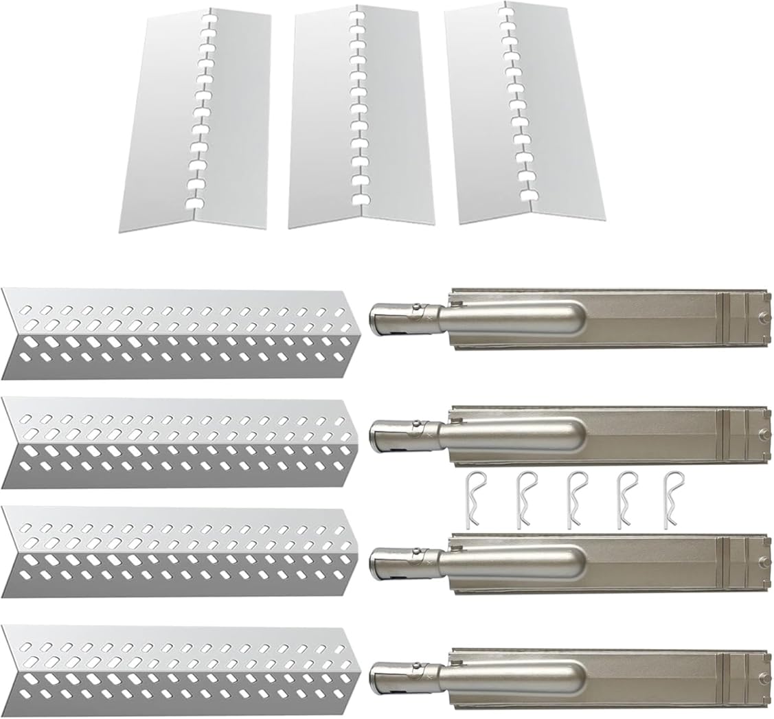 YONYO Stainless Steel 4PCS 16516 Burners + 4PCS 16631 Flame Tamer Flavor bar and + 3PCS 16520 Heat Plate Shield for Bull Grill Replacement Parts,Fits for Lion, Cal Flame 4 Burner Gas Grills