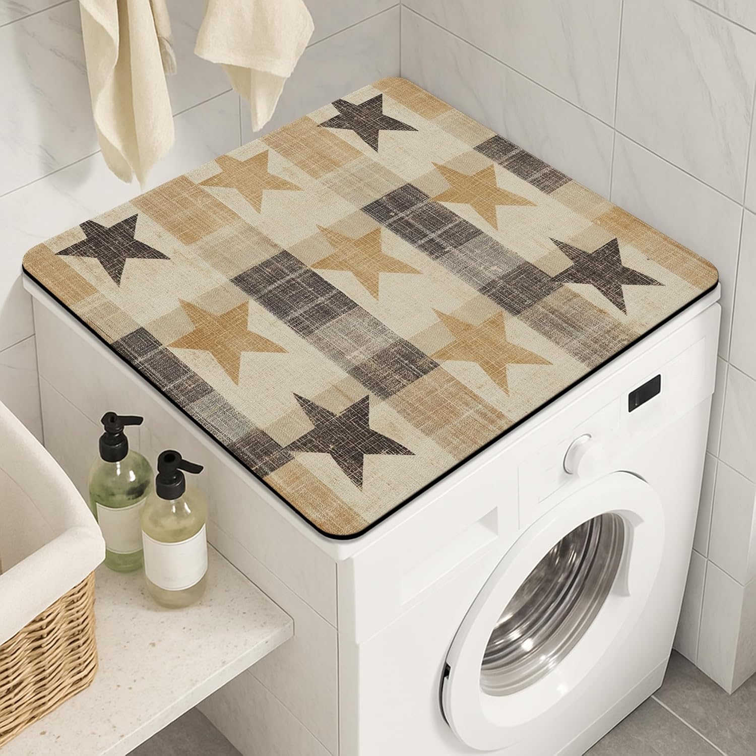 Rustic Star Washer Dryer Top Protector Mat, Farmhouse Style Laundry Machine Dust Covers, Cozy Vintage Rustic Anti-slip Waterproof Washer And Dryer Mats for Laundry Room 24x24 Inch